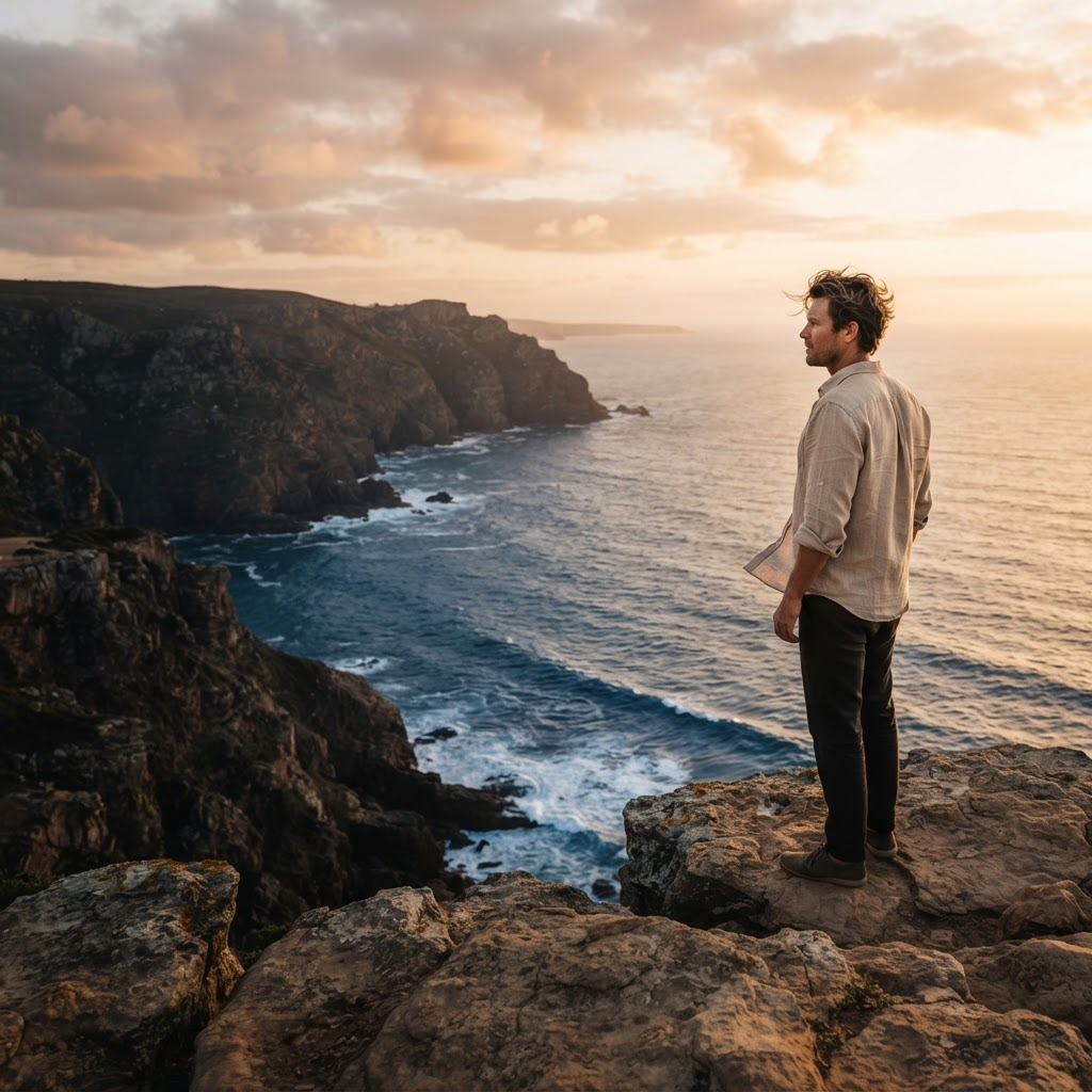 Traveler overlooking a sunlit coastline